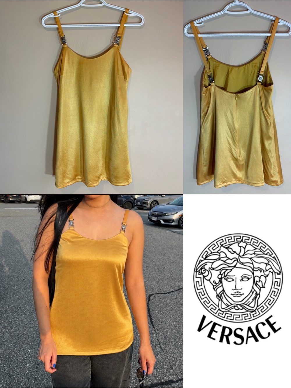 Vintage Versace Gold Satin Logo-Accent Cami Top
